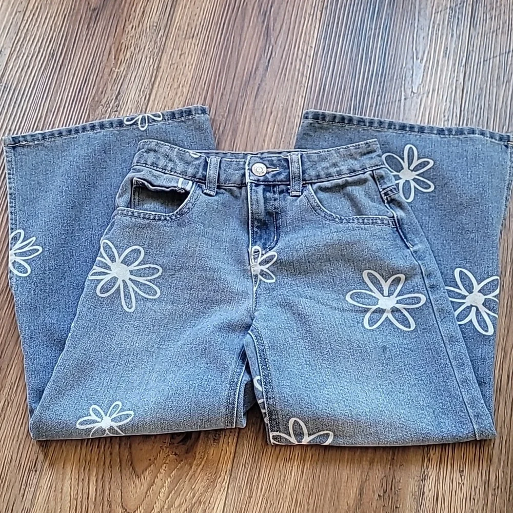 Justice Wide-Leg Jeans, Size 7, Denim, Daisy, Flowers, Blue, Soft - Picture 2 of 8